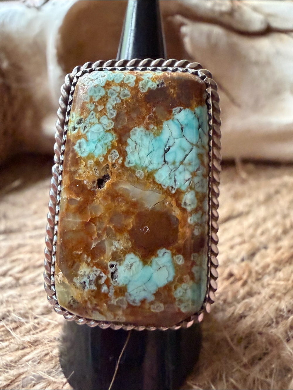Leslie Nez Navajo Number Eight Turquoise, Rectangular Statement Ring - Picture 11 of 11
